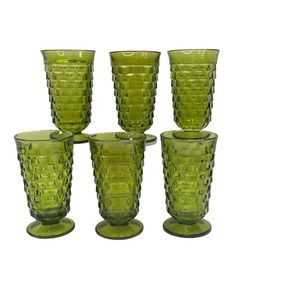 Vintage MCM Indiana Glass Co. Cubist Tumblers Avacado Green set of 6